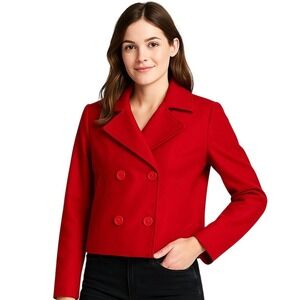 Ellen Tracy Peacoat Small Cherry Red Waist Length Double Breasted Classic Preppy